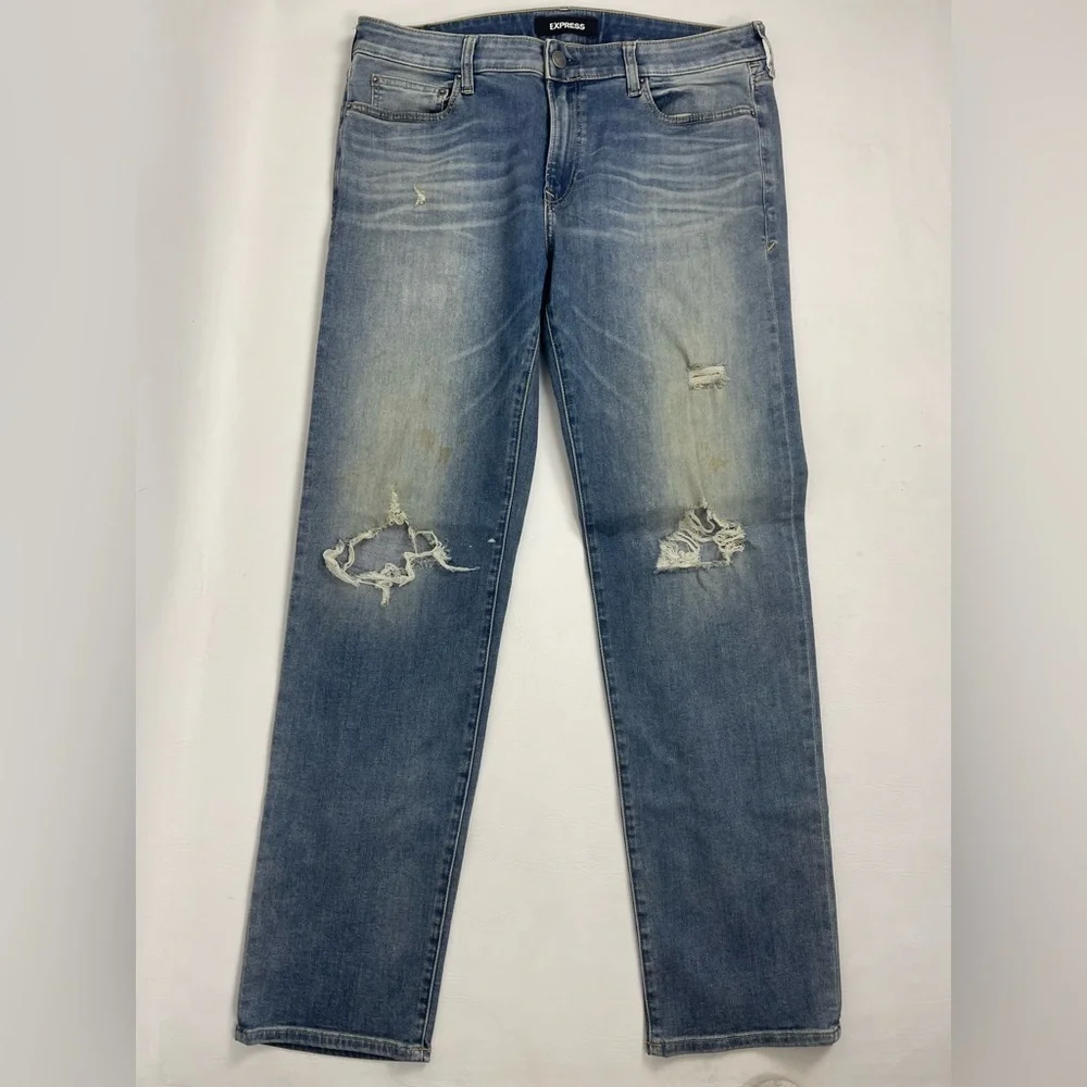 Express Hyper Stretch Distressed Slim Straight Jeans Mens 36x34 Blue